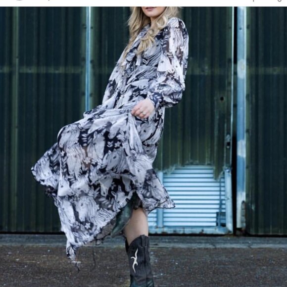Unique Vintage Black & White Sheer Horse Print Maxi Flowy Dress L - Picture 7 of 9